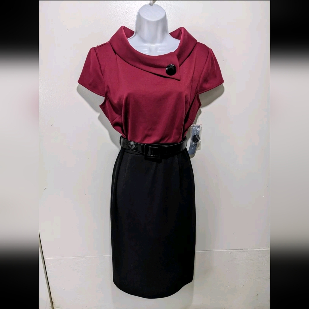 NWT London Times Collared Sheath Dress 15 Color Block Burgundy Corpcore Elegant - Picture 3 of 13